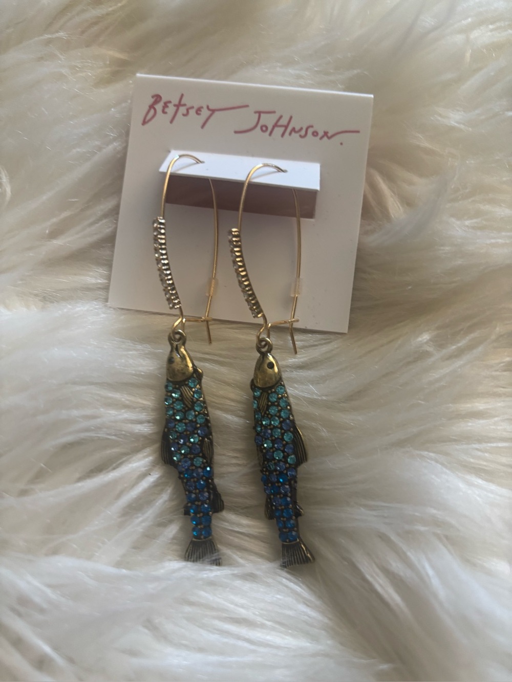 Betsey Johnson Gold-Tone Fish Drop Earrings with Blue/Teal Crystals